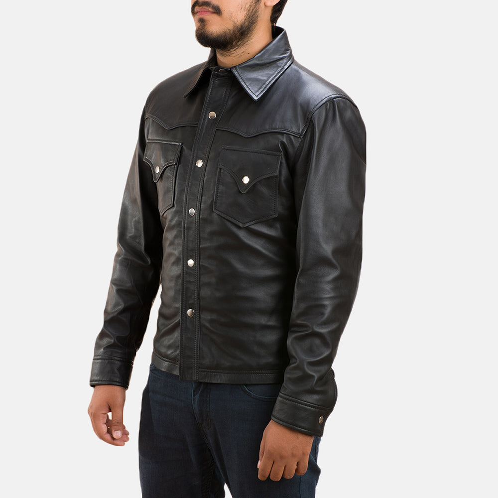 
Ranchson أسود Leather Shirt رجالي - عرض جانبي يوضح قَصّة الأكمام المريحة