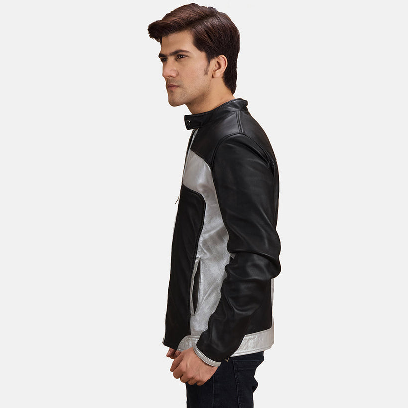 Black & silver Sheepskin Leather Biker Jacket - Back View Showing Tailored Shoulder Fit & Clean Hemline