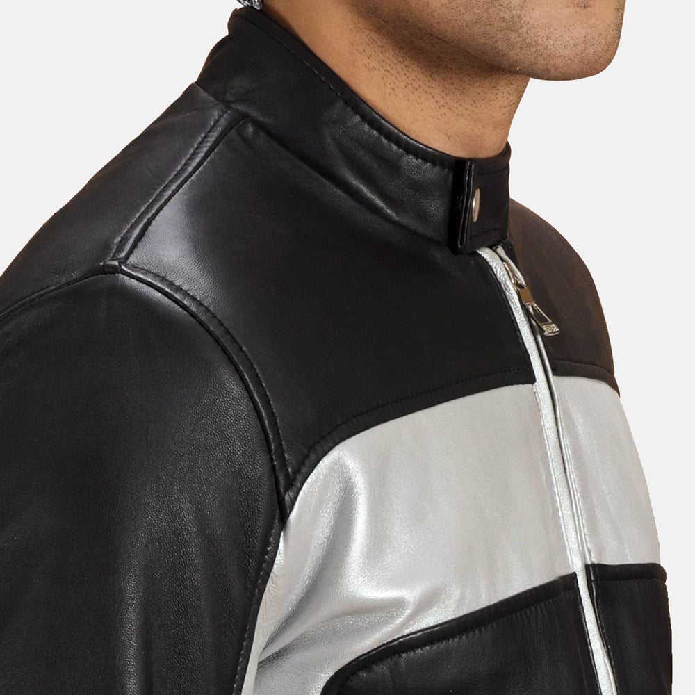 Randolf Silver أسود جاكيت بايكر جلد رجالي - Lateral Side Profile View Showing Sleeve Cut &amp; Athletic Taper Fit