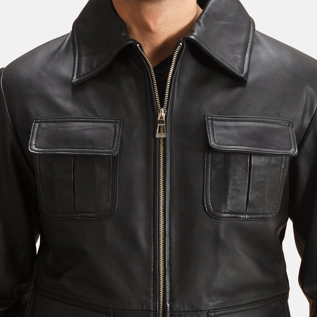 Raven أسود جاكيت جلد رجالي - Lateral Side Profile View Showing Sleeve Cut &amp; Athletic Taper Fit