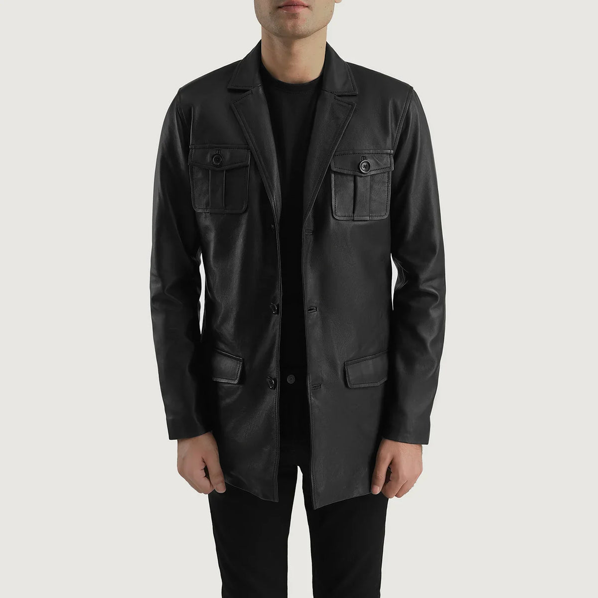Ray Cutler Black Leather Blazer in Black Sheepskin Leather - Front Profile View &amp; Tailored Silhouette | Buy Online