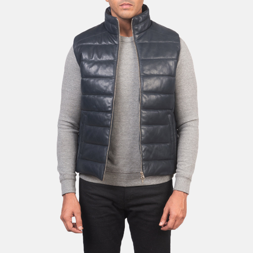 Men's Reeves أزرق Leather Puffer Vest رجالي in Blue Sheepskin Leather - Front Profile View &amp; Tailored Silhouette | Buy Online
