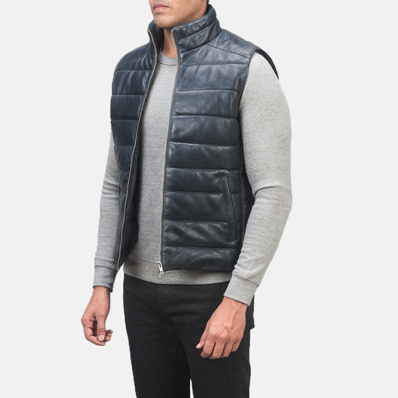 Reeves أزرق Leather Puffer Vest رجالي