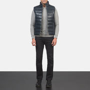 Men's Reeves أزرق Leather Puffer Vest رجالي - Lateral Side Profile View Showing Sleeve Cut &amp; Athletic Taper Fit