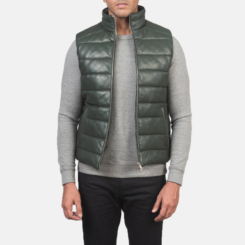 Reeves أخضر Leather Puffer Vest رجالي
