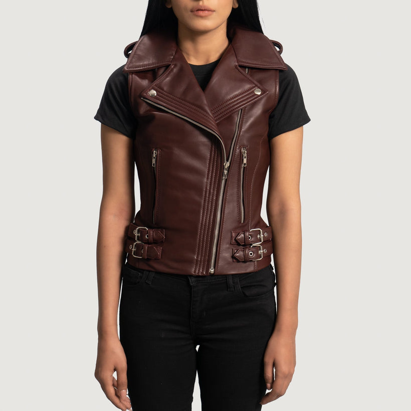Rhonda عنابي Leather Biker Vest نسائي