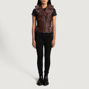 
تفاصيل مقربة of Notch & Zipper Hardware on Rhonda عنابي Leather Biker Vest نسائي