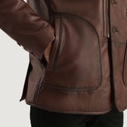 Men's Rocky بني Fur معطف جلد رجالي - Lateral Side Profile View Showing Sleeve Cut &amp; Athletic Taper Fit