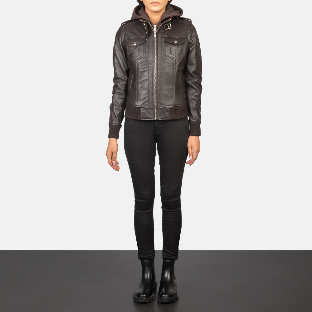 
Roslyn Brown Hooded Leather Bomber Jacket - عرض جانبي يوضح قَصّة الأكمام المريحة