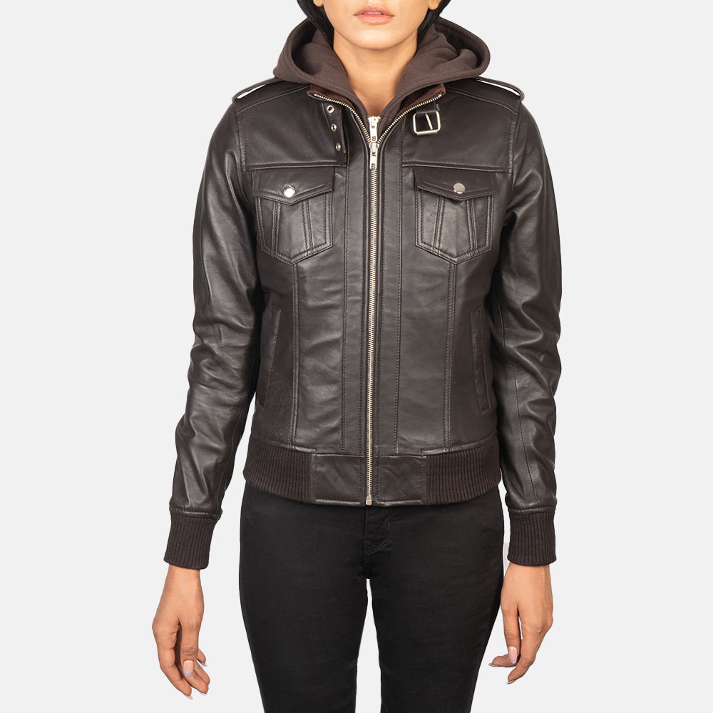 
تفاصيل مقربة of High Neck with Belt & Zipper Hardware on Roslyn Brown Hooded Leather Bomber Jacket