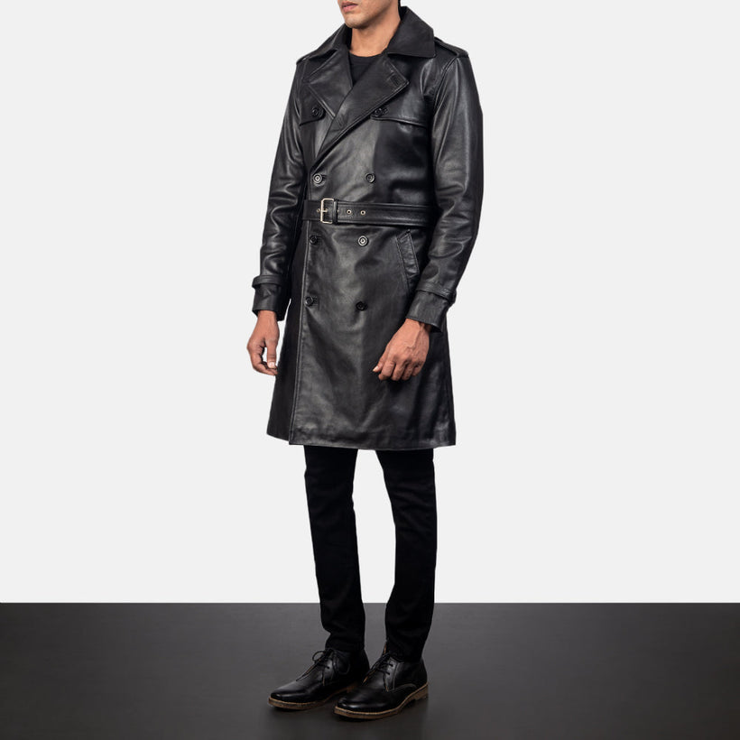 Royson أسود Leather Duster معطف جلد فاخر رجالي