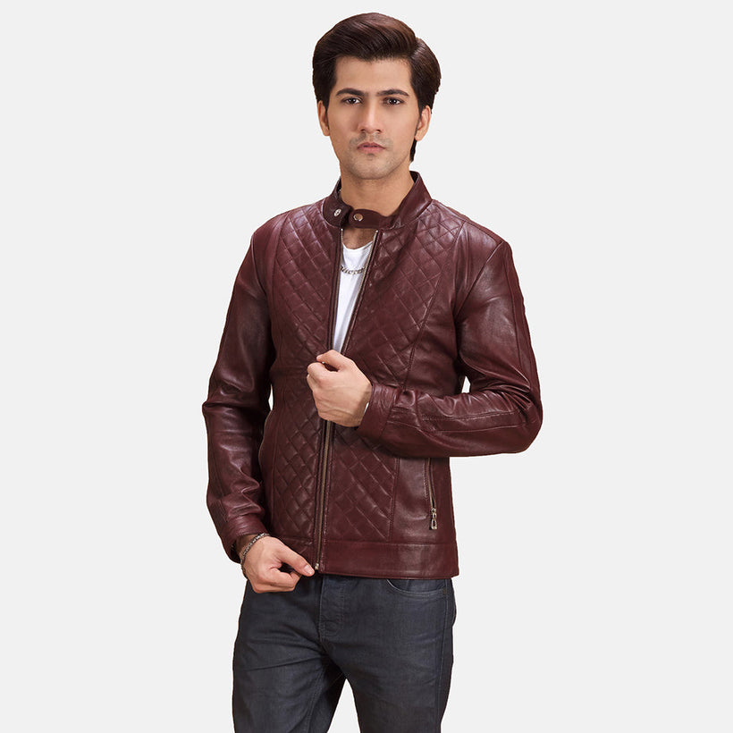 Rumano Jae Maroon Leather Biker Jacket in Maroon Sheepskin Leather - Front Profile View & Tailored Silhouette | Buy Online