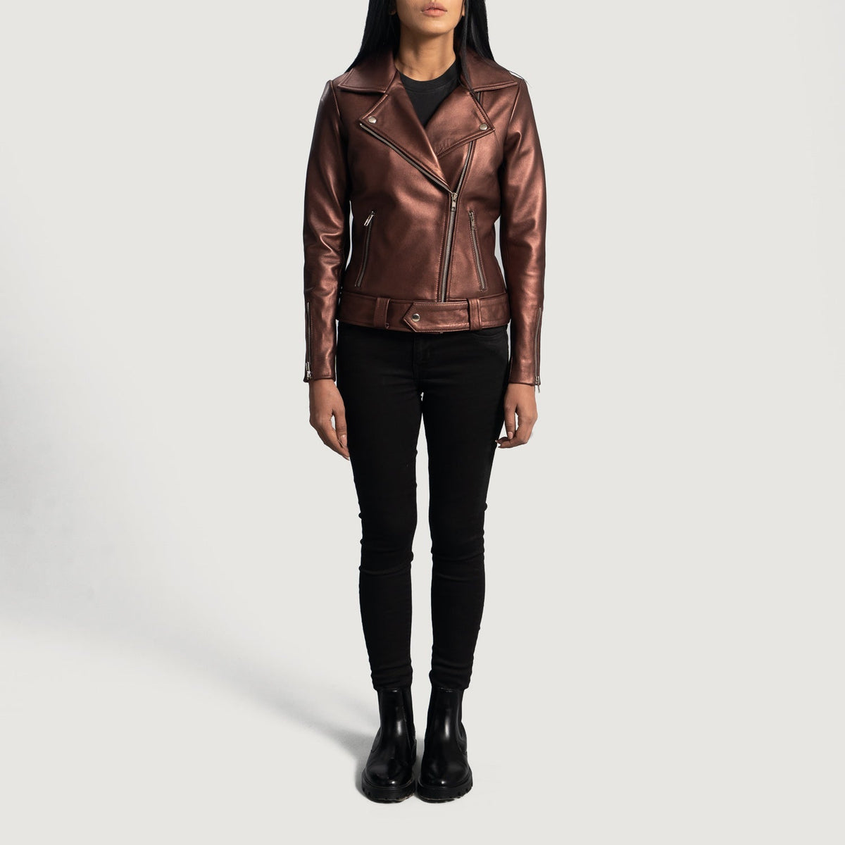 
تفاصيل مقربة of Notch & Zipper Hardware on Rumy Maroon Leather Biker Jacket