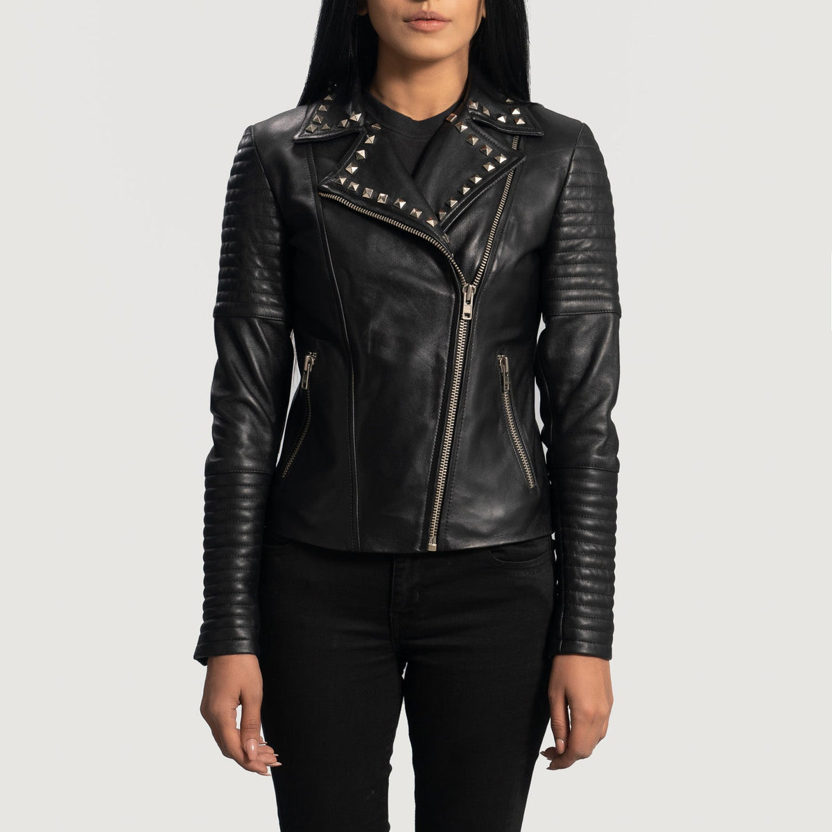 Women's Sally Mae Studded أسود جاكيت بايكر جلد نسائي in Black Sheepskin Leather - Front Profile View &amp; Tailored Silhouette | Buy Online