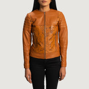 Women's Sandy بيج / تان Dye جاكيت بايكر جلد نسائي in Tan Brown Sheepskin Dip &amp;Amp; Dye - Front Profile View &amp; Tailored Silhouette | Buy Online