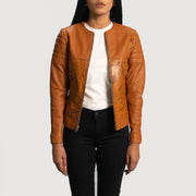 Women's Sandy بيج / تان Dye جاكيت بايكر جلد نسائي - Lateral Side Profile View Showing Sleeve Cut &amp; Athletic Taper Fit