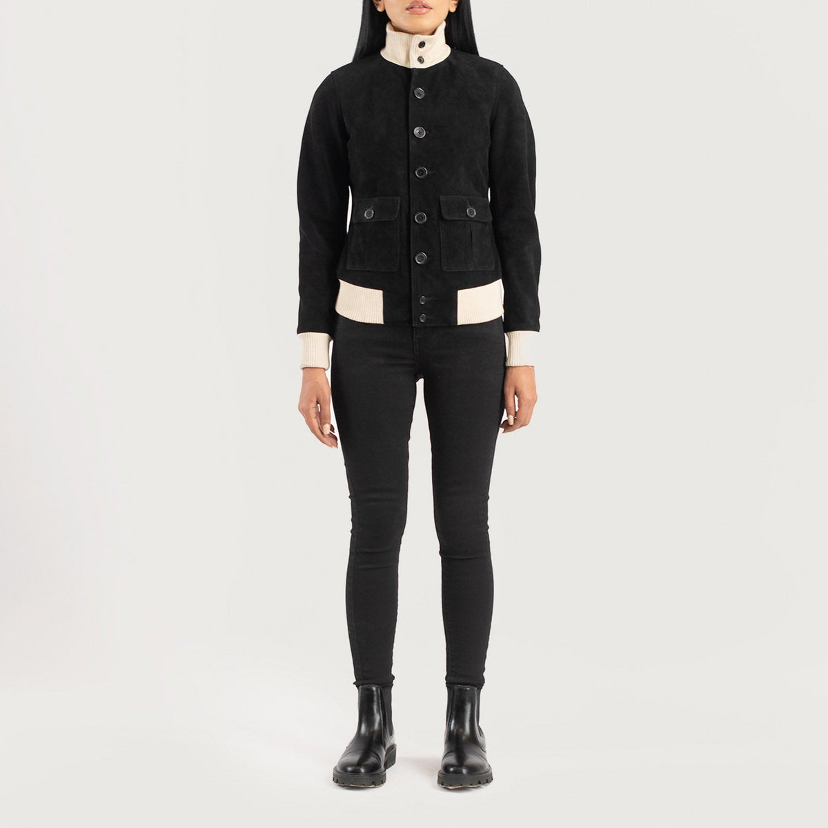 
Sasha A1 Black Suede Bomber Jacket - عرض جانبي يوضح قَصّة الأكمام المريحة