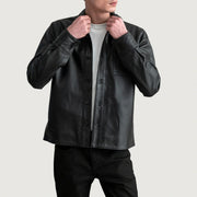 Scout أسود Leather Shirt رجالي in Black Sheepskin Leather - Front Profile View &amp; Tailored Silhouette | Buy Online