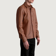 
Matte Brown Cowhide leather Jacket - عرض خلفي يوضح تفصيل الأكتاف المتقن والحاشية النظيفة
