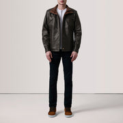
Brown Sheepskin Leather Biker Jacket - عرض خلفي يوضح تفصيل الأكتاف المتقن والحاشية النظيفة