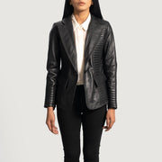 Women's Selina أسود بليزر جلد نسائي in Black Sheepskin Leather - Front Profile View &amp; Tailored Silhouette | Buy Online