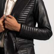 Women's Selina أسود بليزر جلد نسائي - Lateral Side Profile View Showing Sleeve Cut &amp; Athletic Taper Fit
