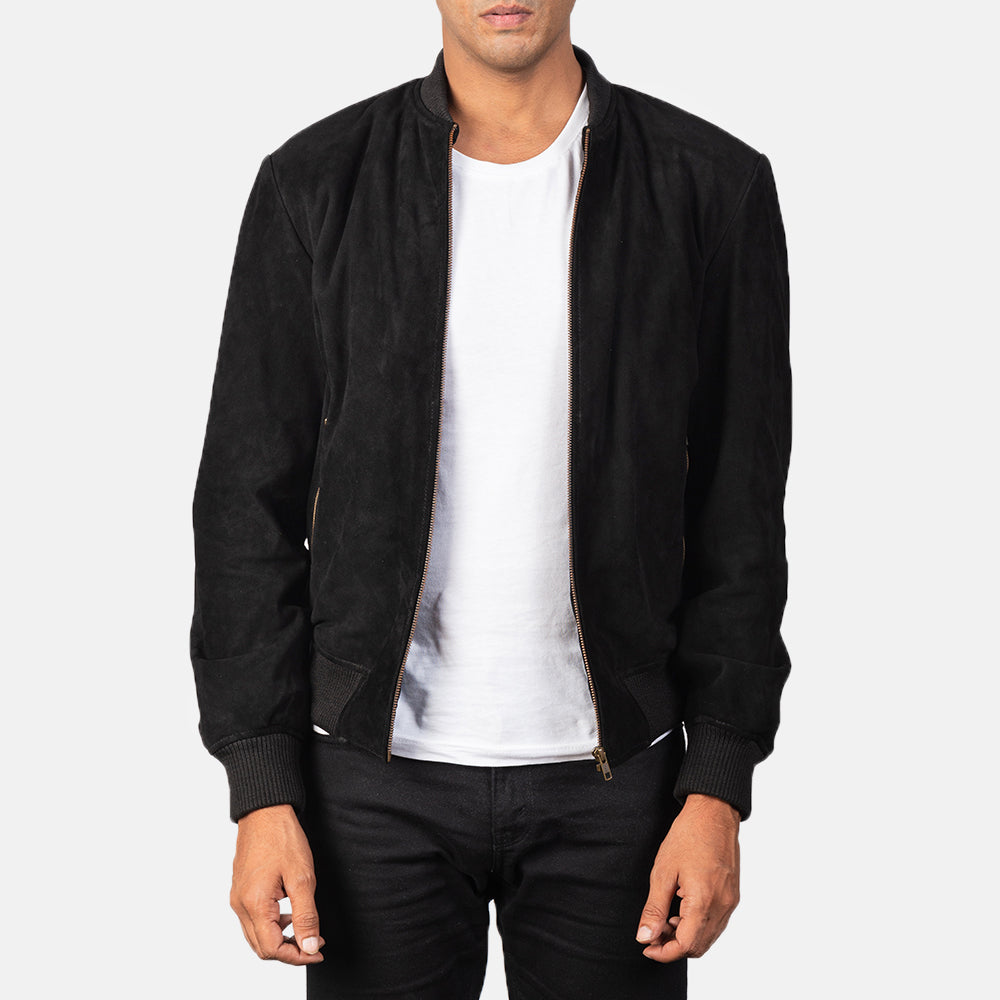 Men's Shane أسود Suede جاكيت بومبر جلد رجالي in Black Goatskin Suede - Front Profile View &amp; Tailored Silhouette | Buy Online