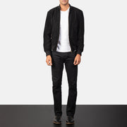 Men's Shane أسود Suede جاكيت بومبر جلد رجالي - Lateral Side Profile View Showing Sleeve Cut &amp; Athletic Taper Fit