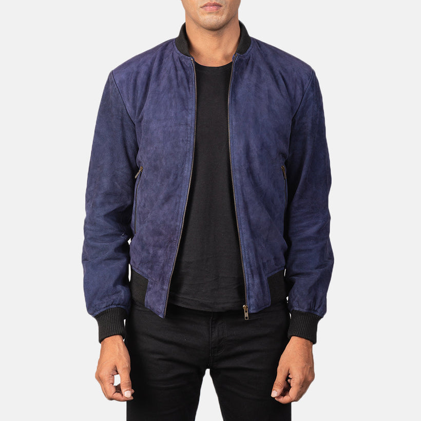 Shane أزرق Suede جاكيت بومبر جلد رجالي