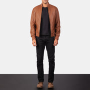Men's Shane بني جاكيت بومبر جلد رجالي - Lateral Side Profile View Showing Sleeve Cut &amp; Athletic Taper Fit