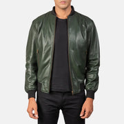 Men's Shane Army Green Leather Bomber Jacket in Green Sheepskin Leather - Front Profile View & Tailored Silhouette | Buy Online