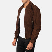Dark Brown Goatskin Suede Bomber Jacket - Back View Showing Tailored Shoulder Fit &amp; Clean Hemline