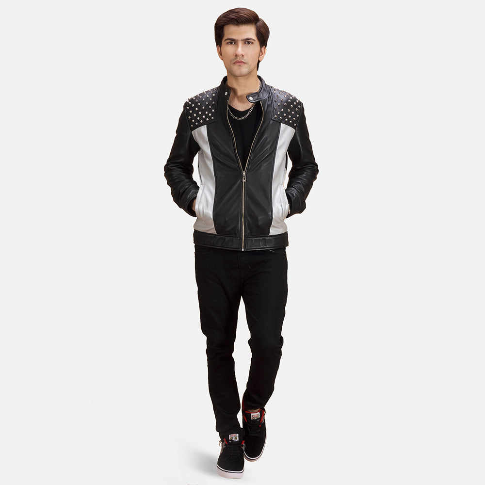 Shapron Studded جاكيت بايكر جلد رجالي - Lateral Side Profile View Showing Sleeve Cut &amp; Athletic Taper Fit