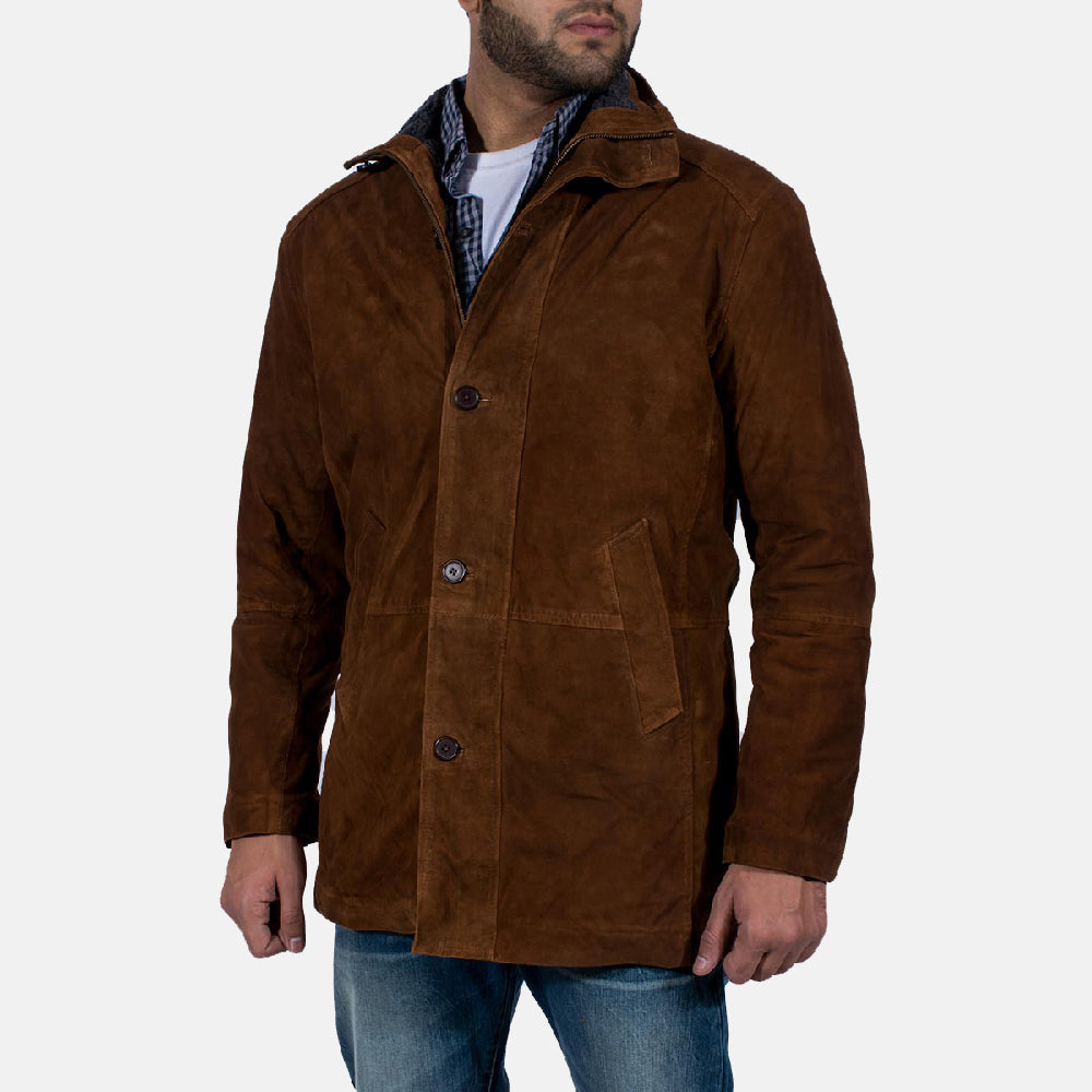Men's Sheriff بني جاكيت شمواه طبيعي رجالي - Lateral Side Profile View Showing Sleeve Cut &amp; Athletic Taper Fit