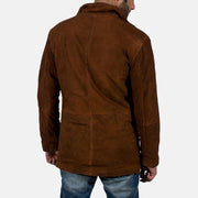 Close-Up Detail of High neck &amp; Zipper with Button Flap Hardware on Men's Sheriff بني جاكيت شمواه طبيعي رجالي