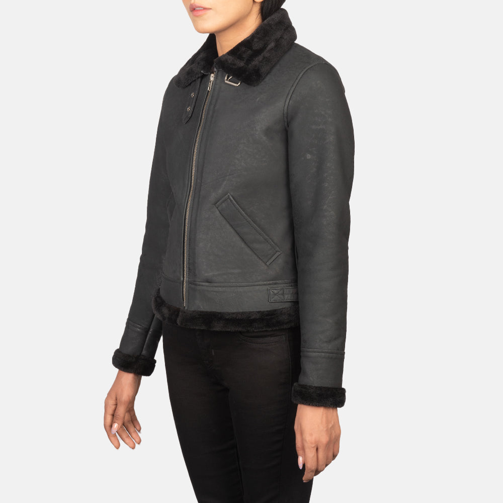 Distressed Black Sheepskin Snuffed Bomber Jacket - Back View Showing Tailored Shoulder Fit &amp; Clean Hemline