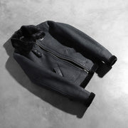 Roll-back Cuffs &amp; Hem Craftsmanship Construction Detail on Women's Sherilyn B-3 Distressed Black Leather Bomber Jacket