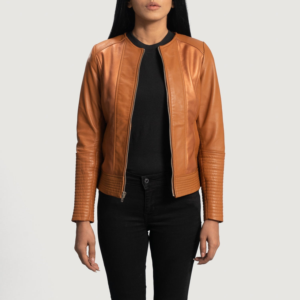 Women's Sleeky Clean بيج جاكيت بايكر جلد نسائي in Tan Brown Sheepskin Leather - Front Profile View &amp; Tailored Silhouette | Buy Online