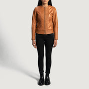 Women's Sleeky Clean بيج جاكيت بايكر جلد نسائي - Lateral Side Profile View Showing Sleeve Cut &amp; Athletic Taper Fit