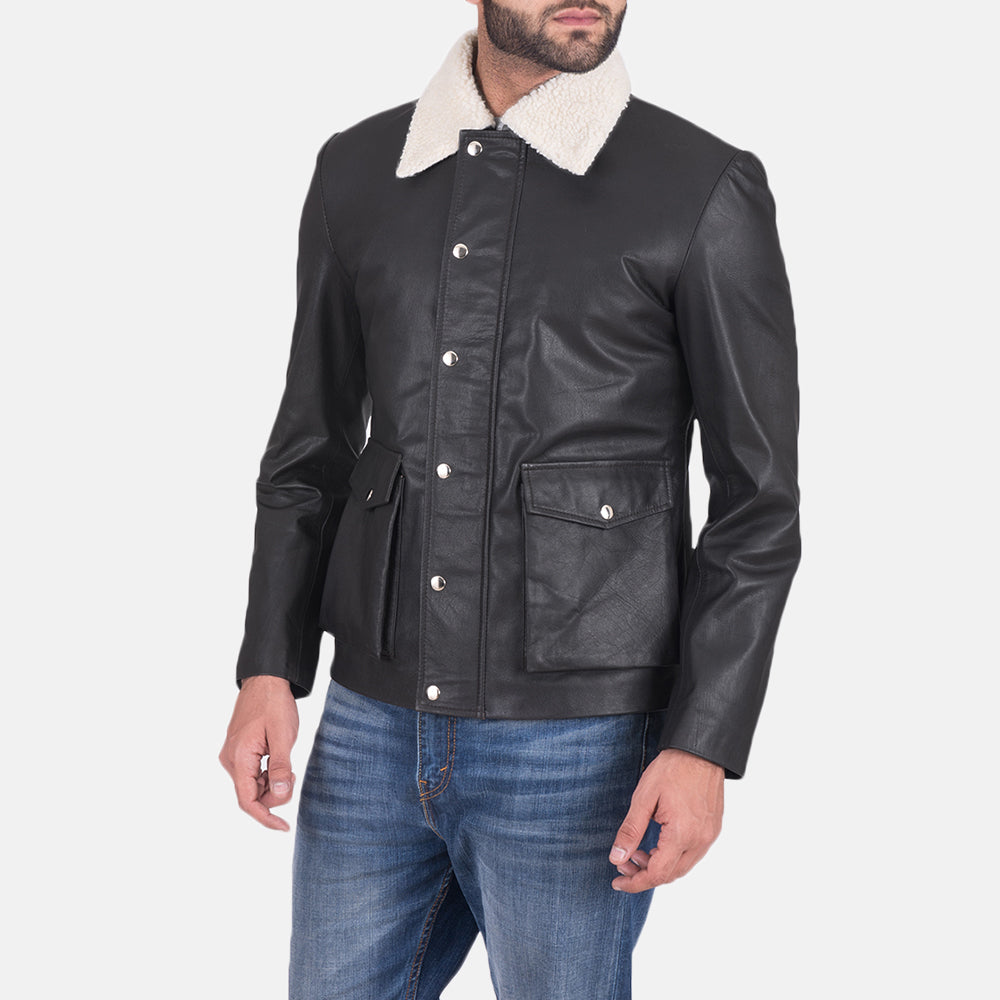 Men's Snow Cole أسود جاكيت جلد رجالي in Black Goatskin Leather - Front Profile View &amp; Tailored Silhouette | Buy Online