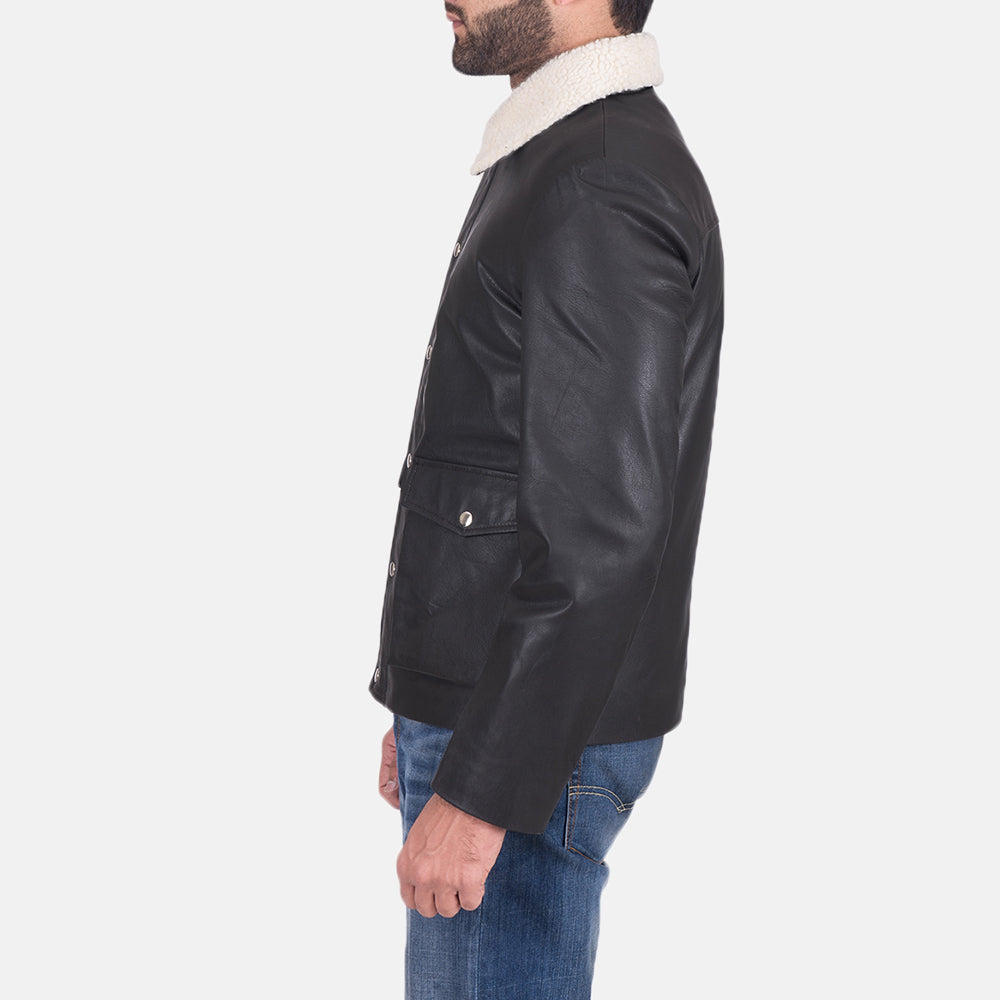 Black Goatskin Leather Aviator Jacket - Back View Showing Tailored Shoulder Fit &amp; Clean Hemline