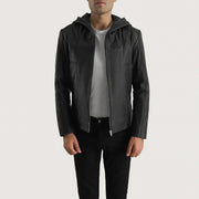 Men's Spratt أسود Hooded جاكيت جلد رجالي in Black Goatskin Leather - Front Profile View &amp; Tailored Silhouette | Buy Online