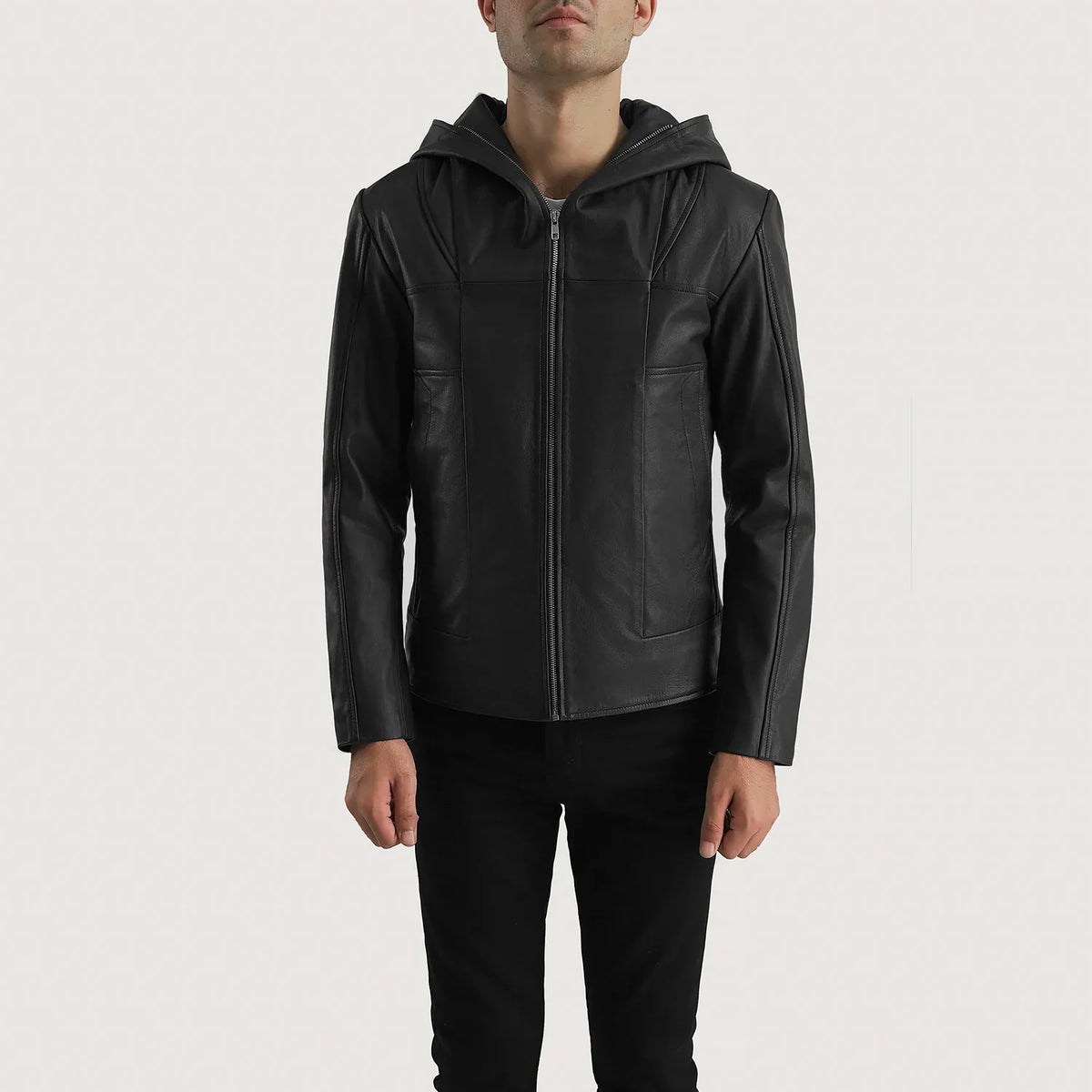 Black Goatskin Leather Hooded Jacket - Back View Showing Tailored Shoulder Fit &amp; Clean Hemline