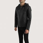 Men's Spratt أسود Hooded جاكيت جلد رجالي - Lateral Side Profile View Showing Sleeve Cut &amp; Athletic Taper Fit
