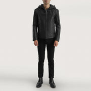 Close-Up Detail of Hooded &amp; Zipper Hardware on Men's Spratt أسود Hooded جاكيت جلد رجالي