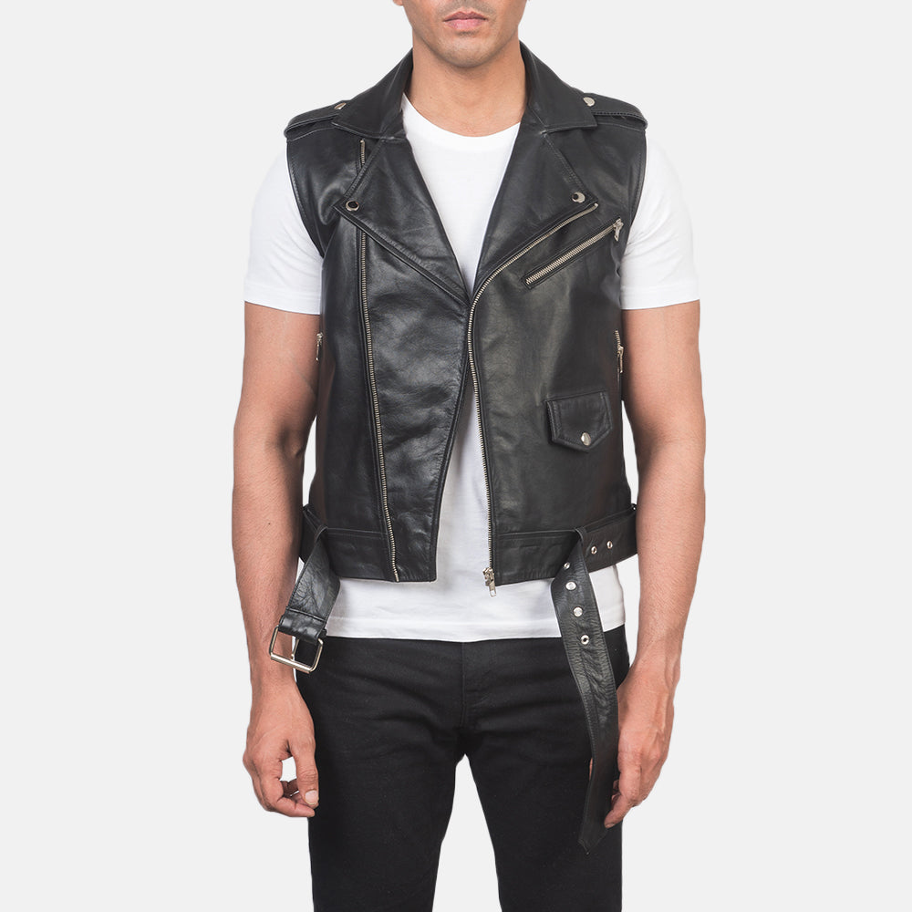 Men's Sullivan أسود Leather Biker Vest رجالي in Black Cowhide Leather - Front Profile View &amp; Tailored Silhouette | Buy Online