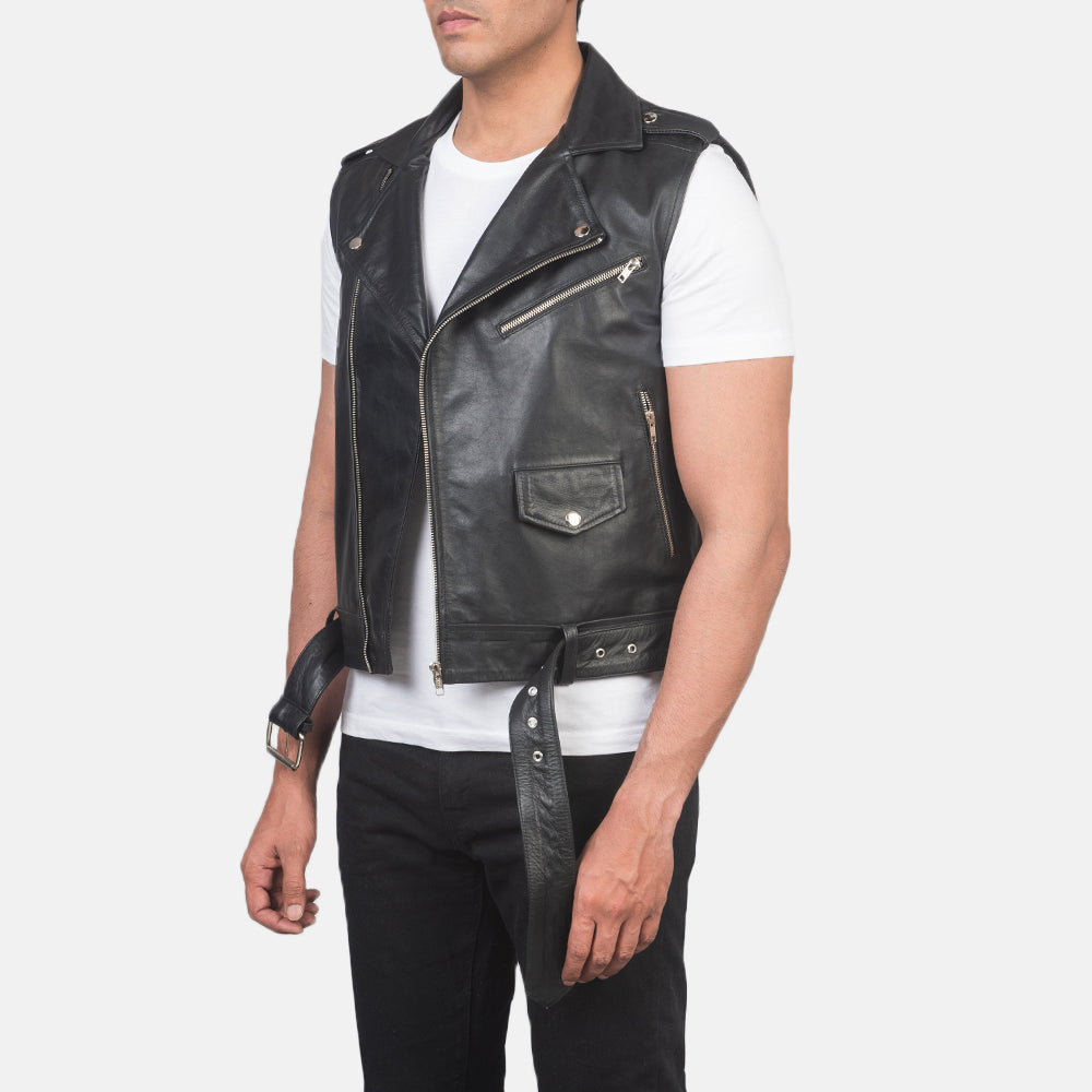 Black Cowhide Leather Biker Jacket - Back View Showing Tailored Shoulder Fit &amp; Clean Hemline