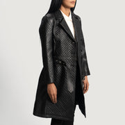 
Black Sheepskin Leather Trench Coat - عرض خلفي يوضح تفصيل الأكتاف المتقن والحاشية النظيفة