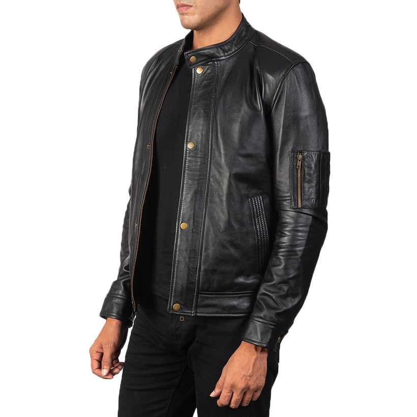 Black Sheepskin Leather Biker Jacket - Back View Showing Tailored Shoulder Fit & Clean Hemline