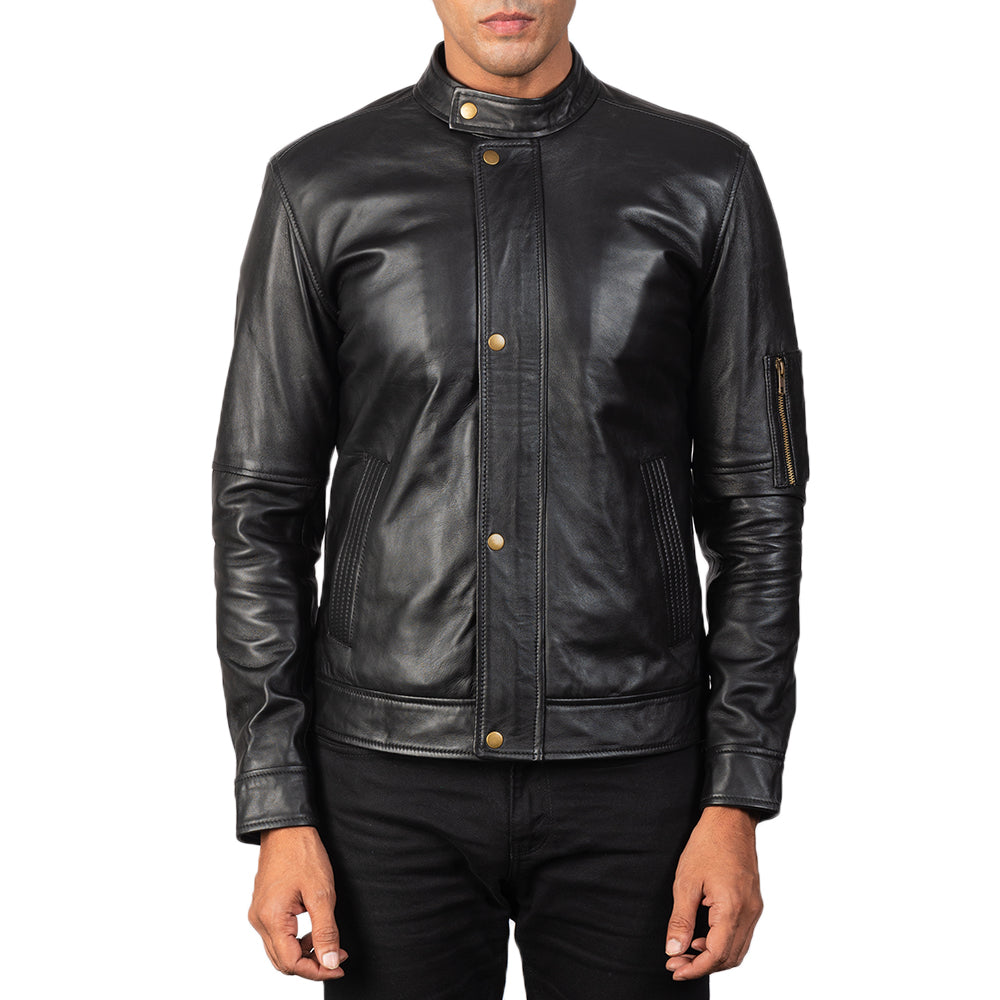 Men's Tea House أسود جاكيت بايكر جلد رجالي - Lateral Side Profile View Showing Sleeve Cut &amp; Athletic Taper Fit